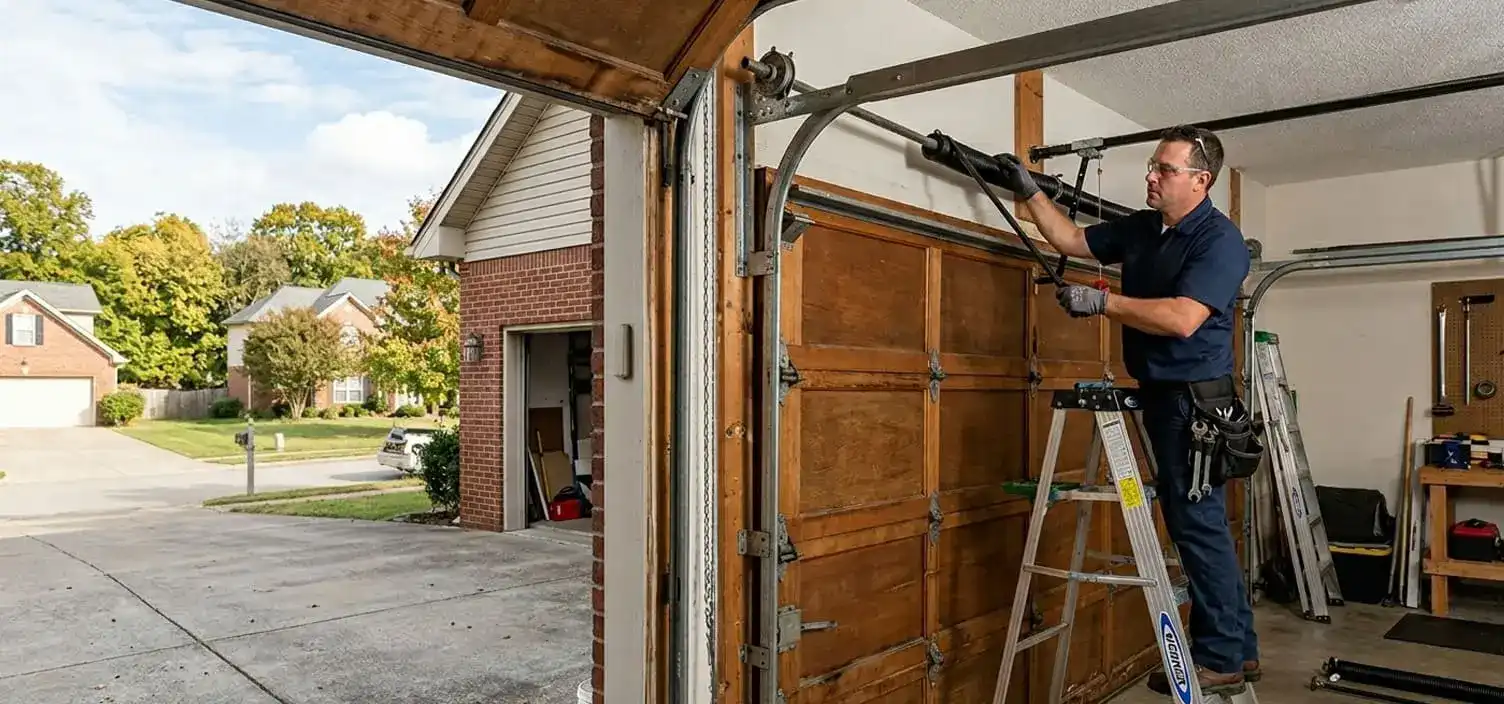 Garage door repair technician replacing torsion springs at a Lebanon Tennessee home near the Castle Heights or Hartmann Drive corridor in Wilson County