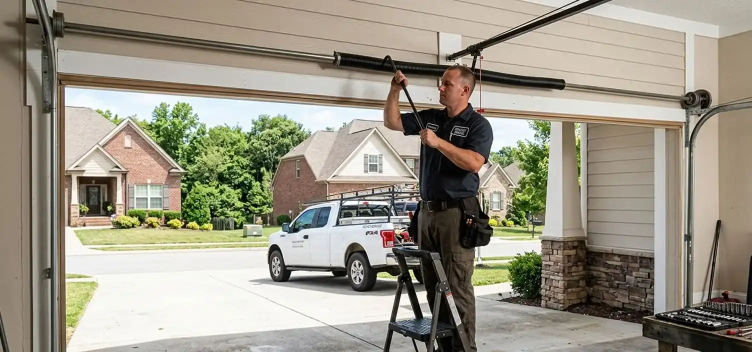 Garage door repair technician replacing torsion springs at a Nolensville Tennessee home