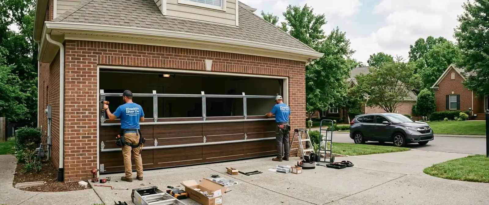 Garage door replacement installation day at a Franklin, Tennessee home
