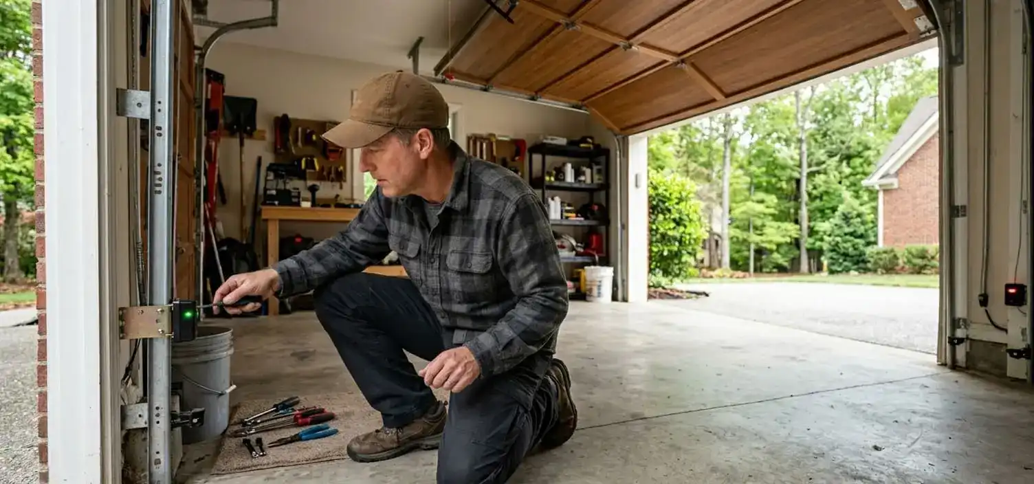 Garage door reversing right away or refusing to close at a Franklin Tennessee home — photo eye safety sensor misalignment