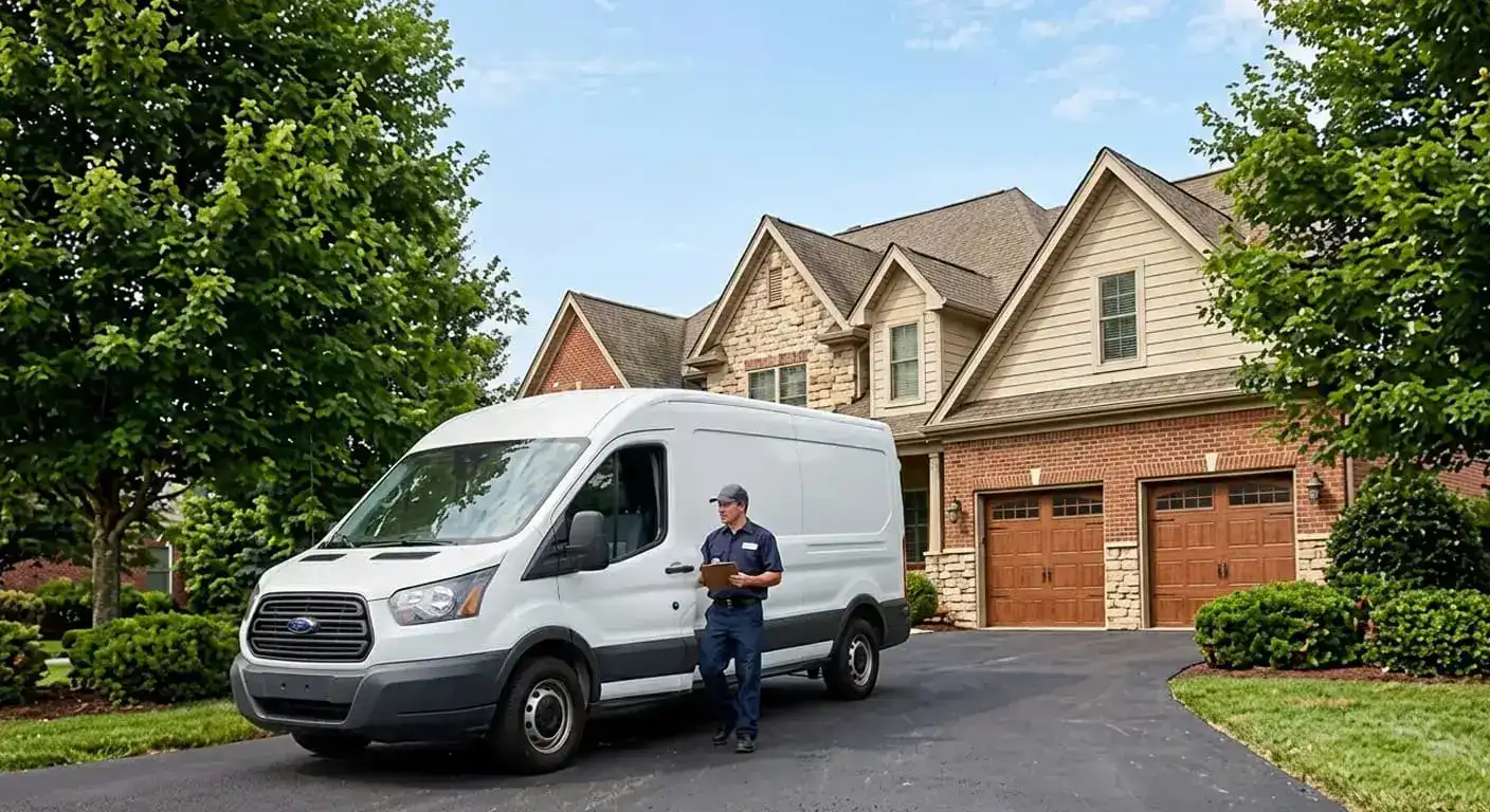 Garage door roller replacement service vehicle arriving at a Franklin Tennessee home in Williamson County for a free assessment