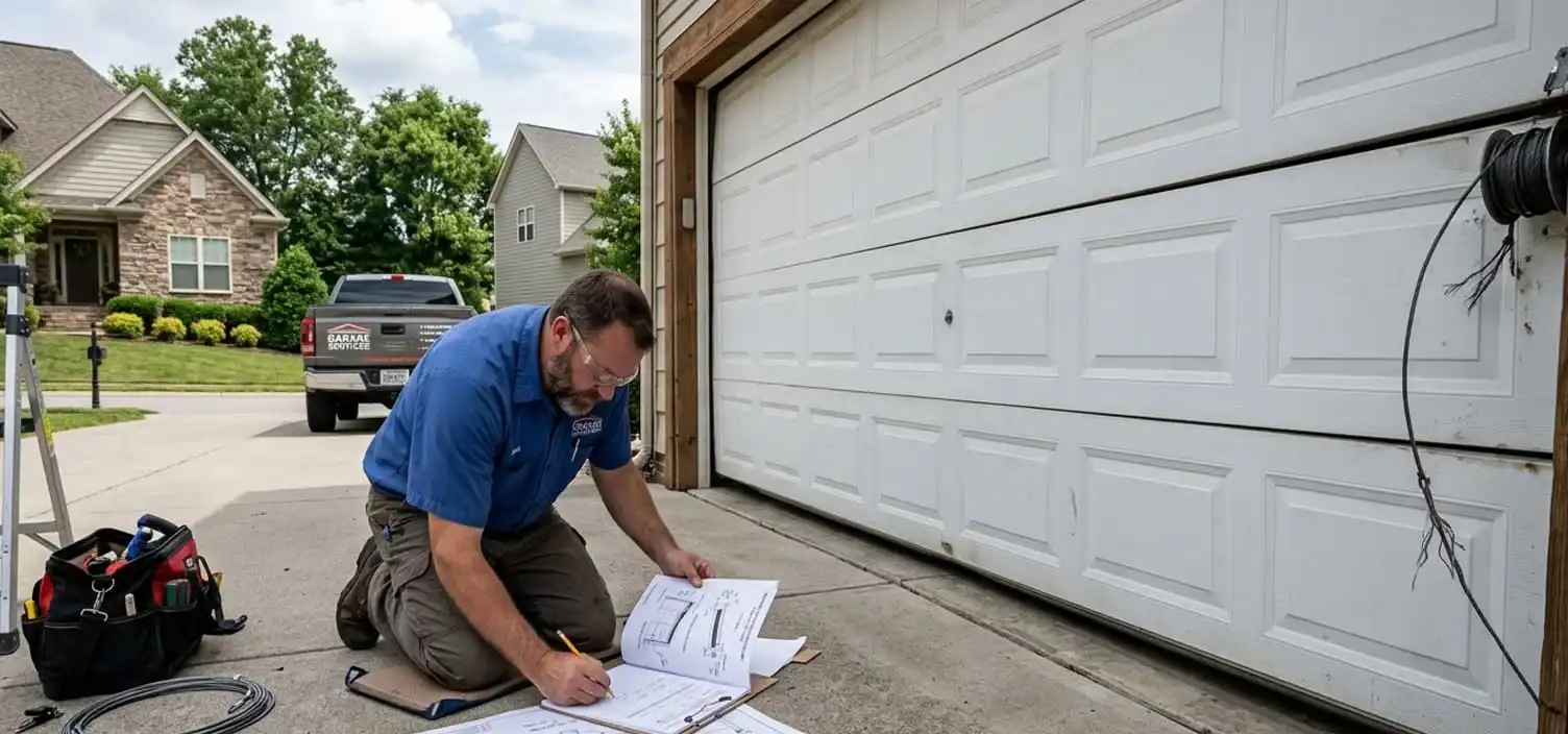 Garage door sitting crooked in the frame at a Franklin Tennessee home after a lift cable slipped off the drum