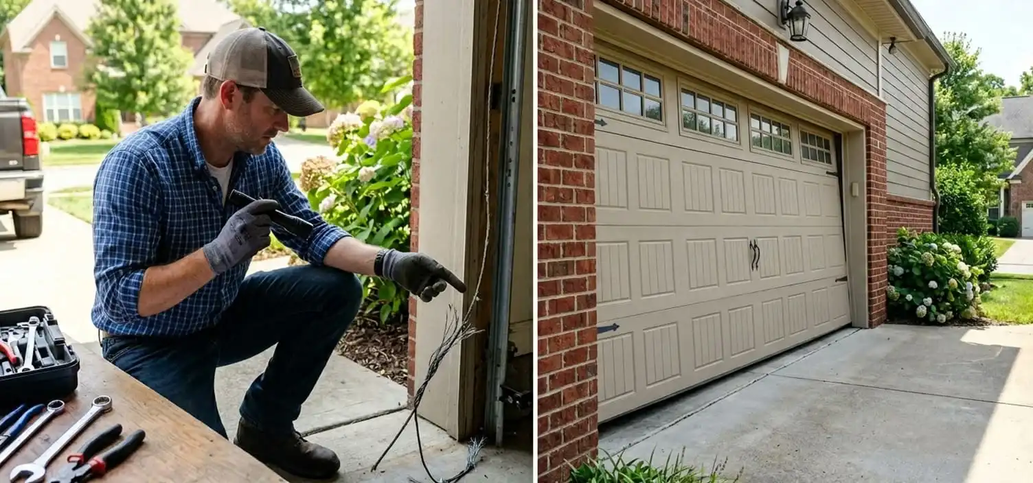 Garage door sitting lower on one side at a Franklin Tennessee home — clearest sign of a snapped or slipped lift cable