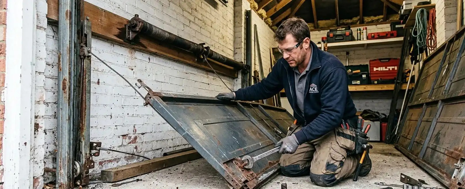 Garage door technician removing old door system