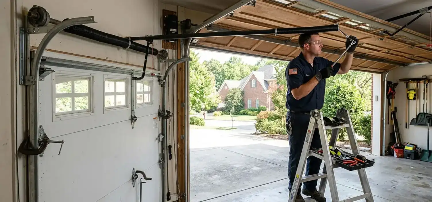 Garage door technician securing the door and replacing both torsion springs at a Franklin Tennessee home in Williamson County