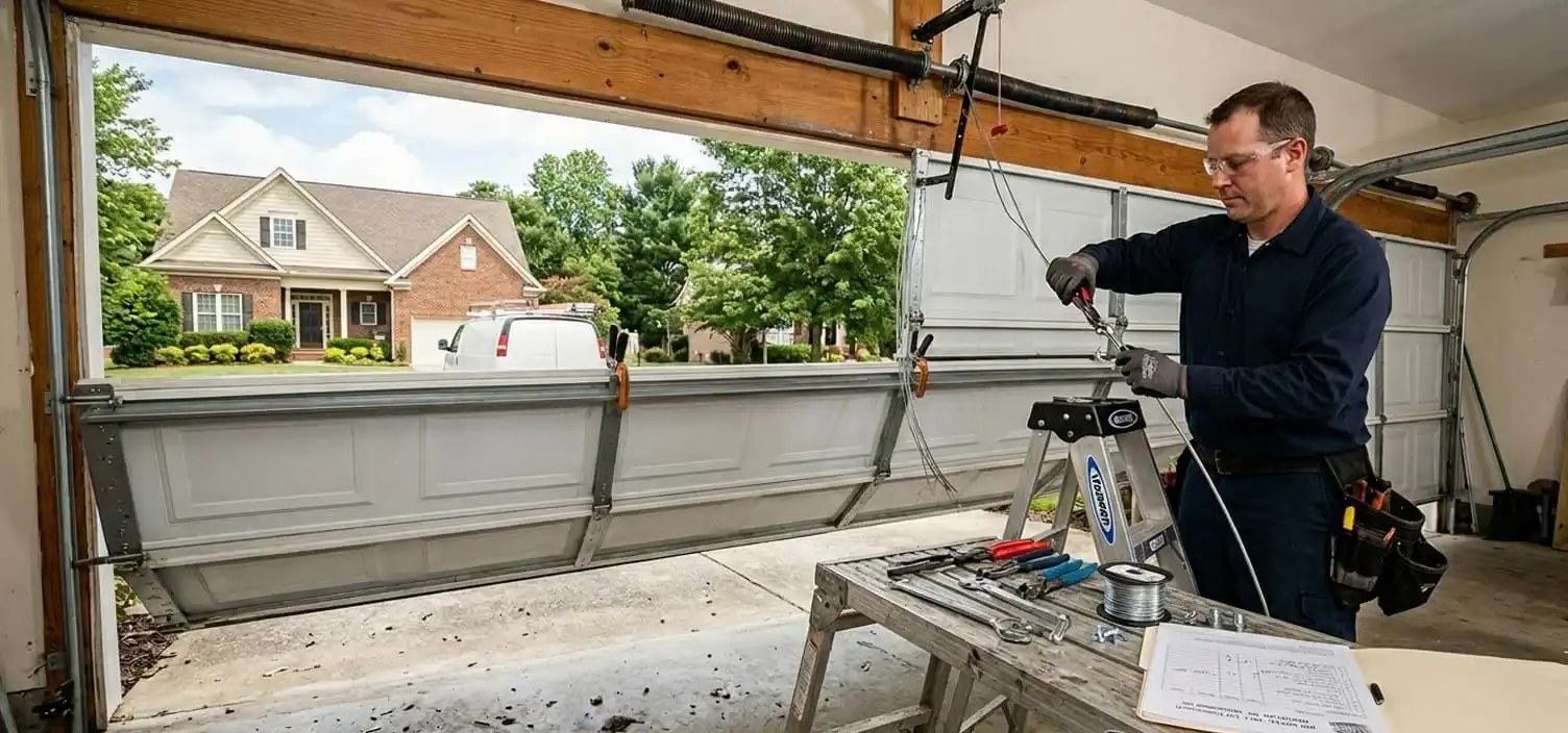 Garage door technician securing the door and replacing both lift cables at a Franklin Tennessee home in Williamson County