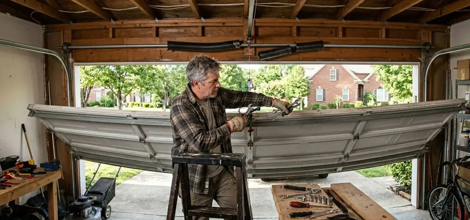 Garage door that will not open at a Franklin Tennessee home after a torsion spring snapped