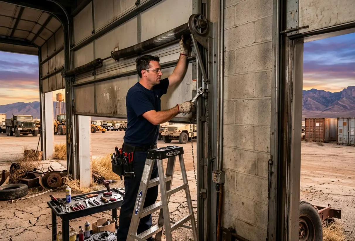 Technician adjusting a garage door torsion spring under tension on a ladder at a commercial facility using professional tools.