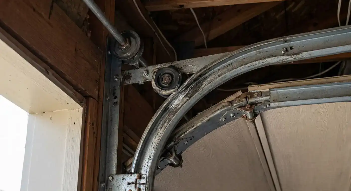 Garage door track at a Franklin Tennessee home making a grinding sound as a worn roller moves through the curved section