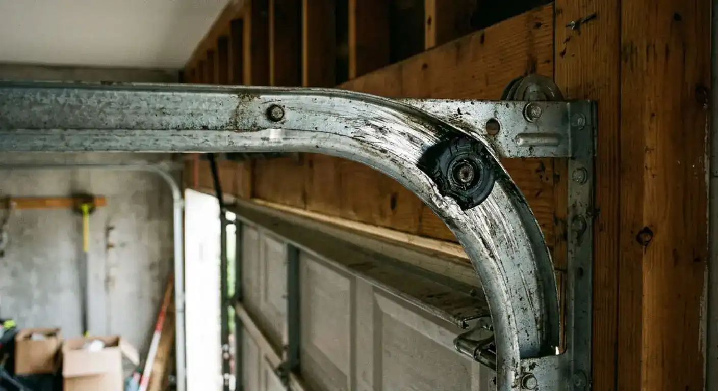 Garage door roller replacement technician at a Franklin Tennessee home in Williamson County inspecting track rollers