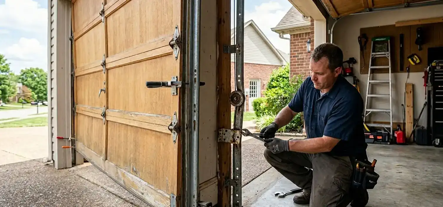 Garage door track misalignment and bent track repair at a Lebanon Tennessee home — Wilson County soil settling causes track shift in older Castle Heights area properties
