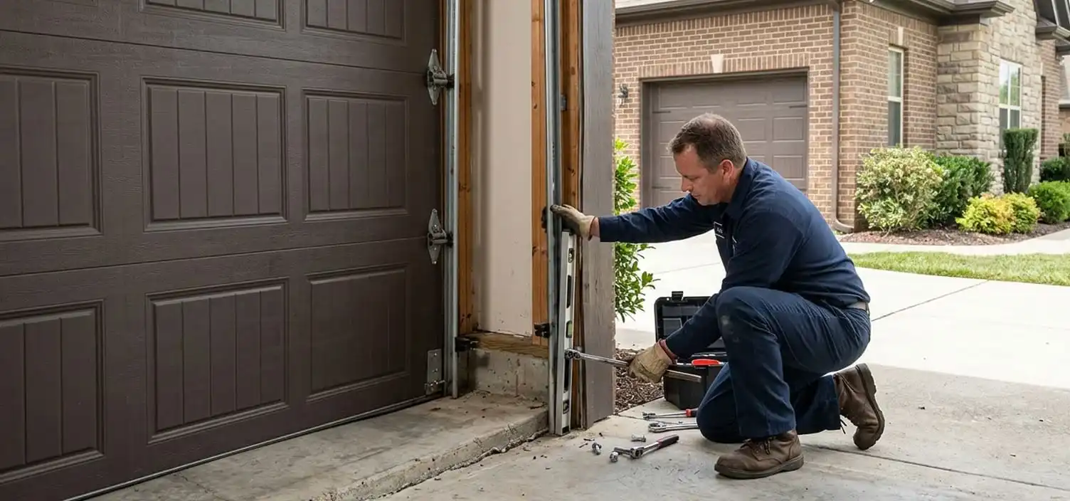 Garage door track misalignment and bent track repair at a Nolensville Tennessee home — Williamson County clay soil causes foundation movement and track shift