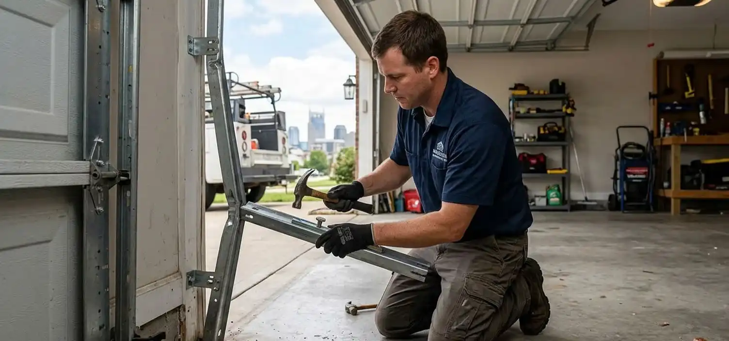 Garage door track realignment bent track repair Nashville Tennessee