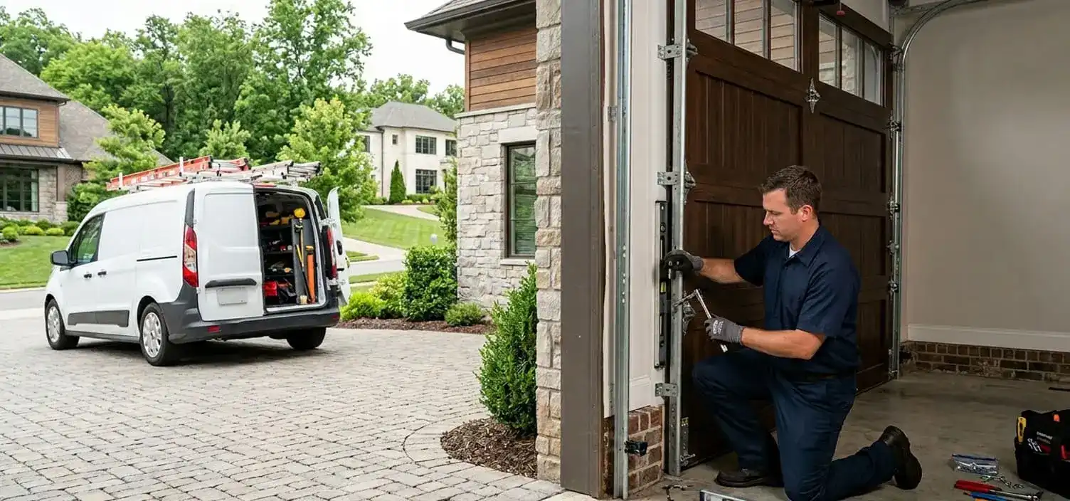 Garage door track repair and realignment at a Brentwood Tennessee premium home
