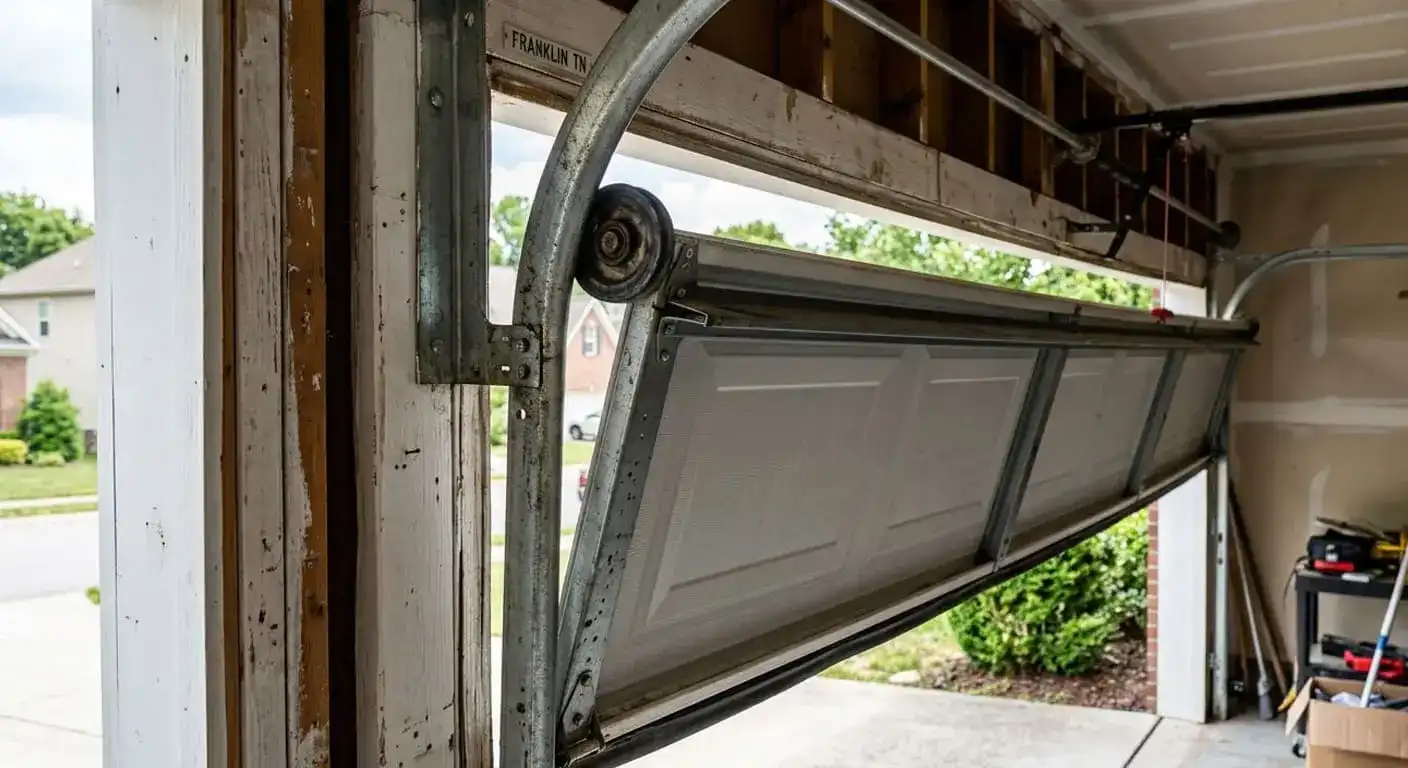 Garage door wobbling as it travels along the track at a Franklin Tennessee home indicating worn rollers