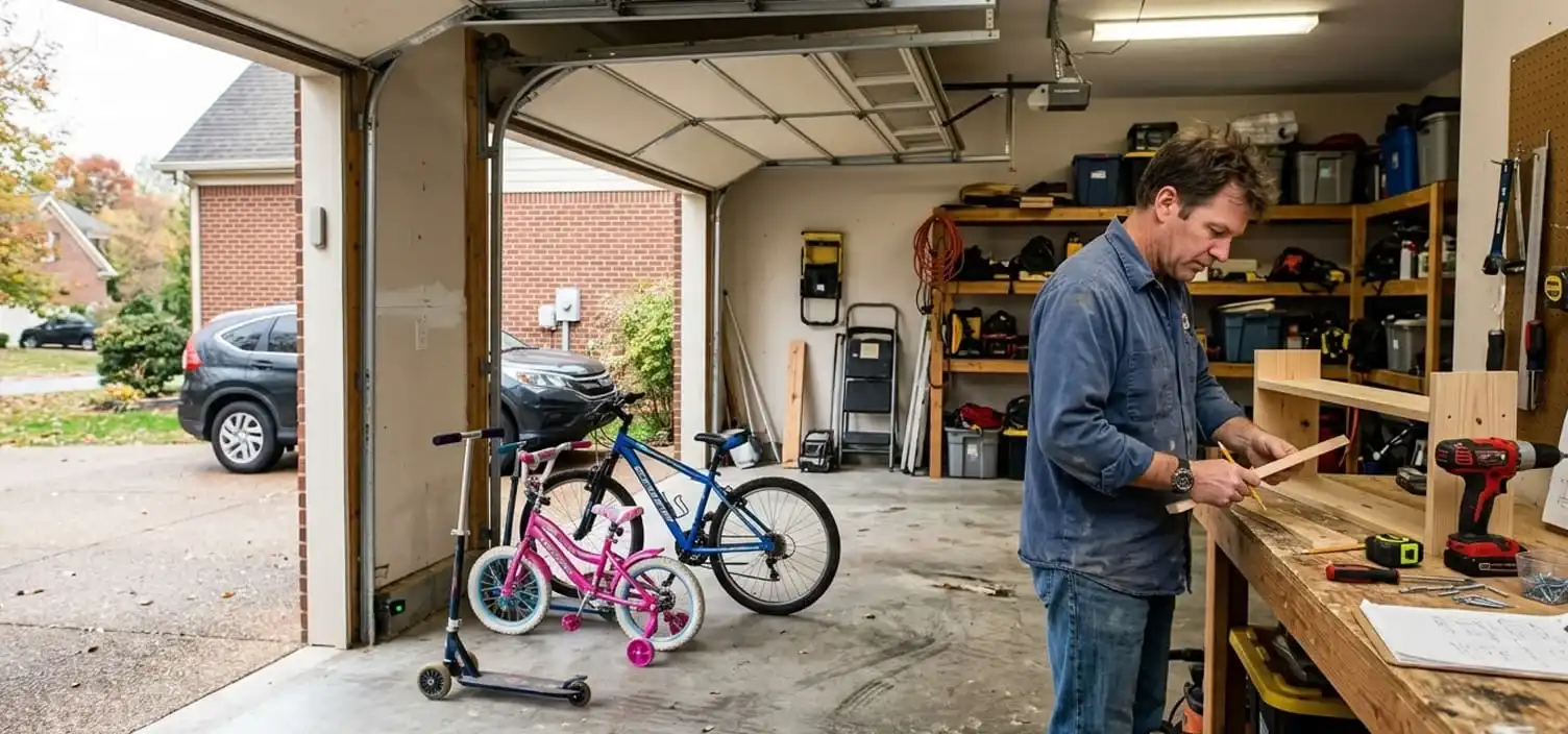 Garage interior at a Franklin Tennessee home with children's bikes near the door — why photo-eye sensor checks matter on every residential visit