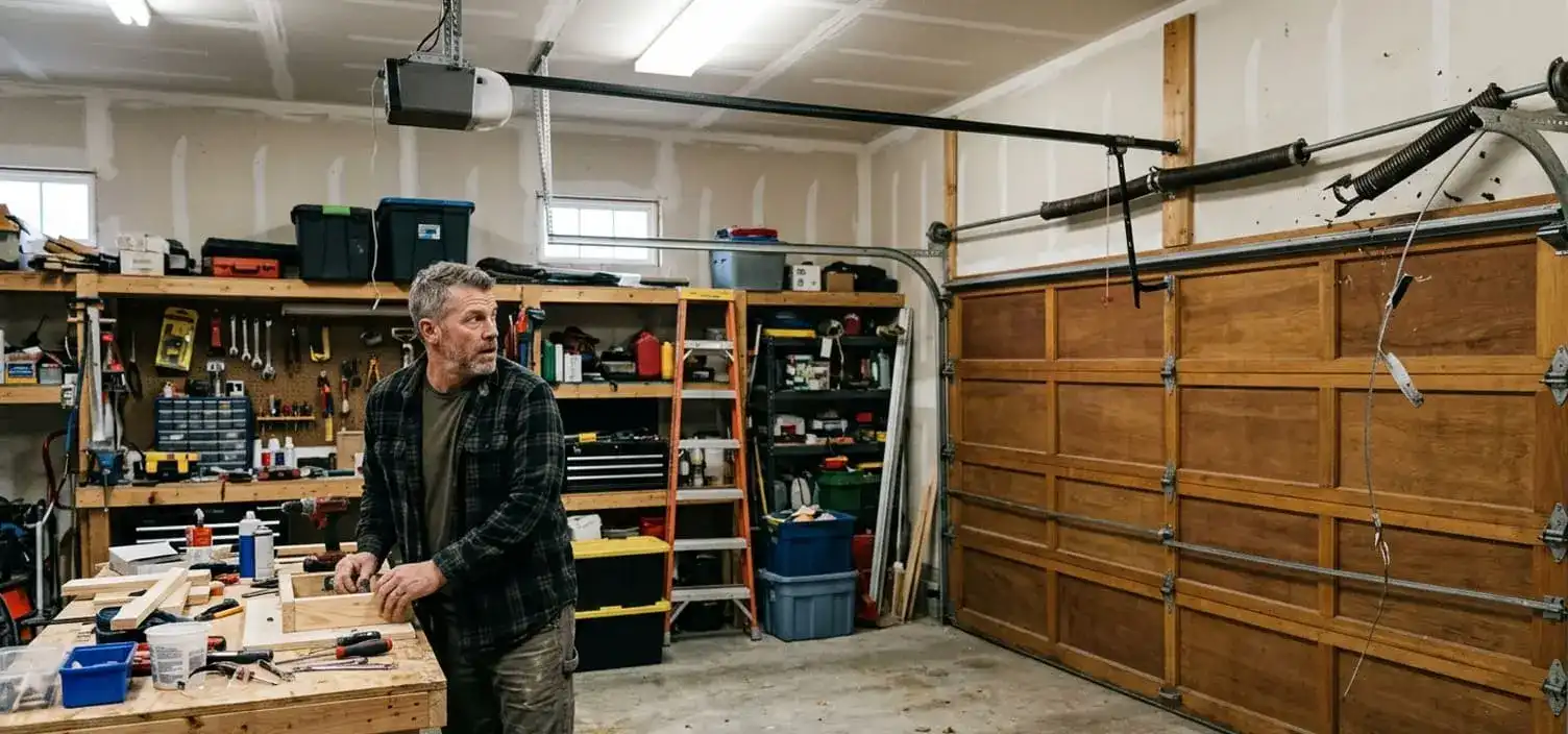 Garage interior at a Franklin Tennessee home after a loud bang from a torsion spring releasing its stored tension