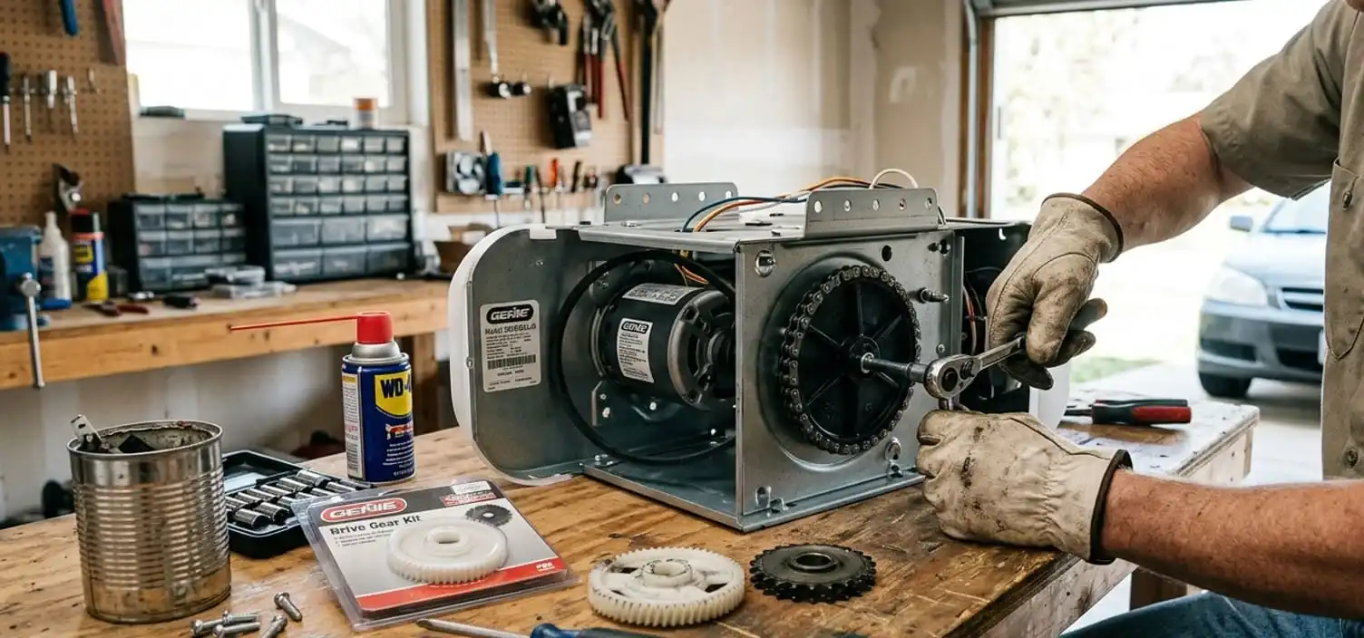 LiftMaster Chamberlain Genie garage door opener gear and sprocket repair in Lebanon Tennessee — motor hums but door will not move