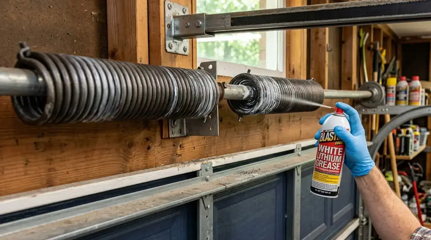 Garage door torsion springs being lubricated with white lithium grease to extend spring life and improve performance in Middle Tennessee.