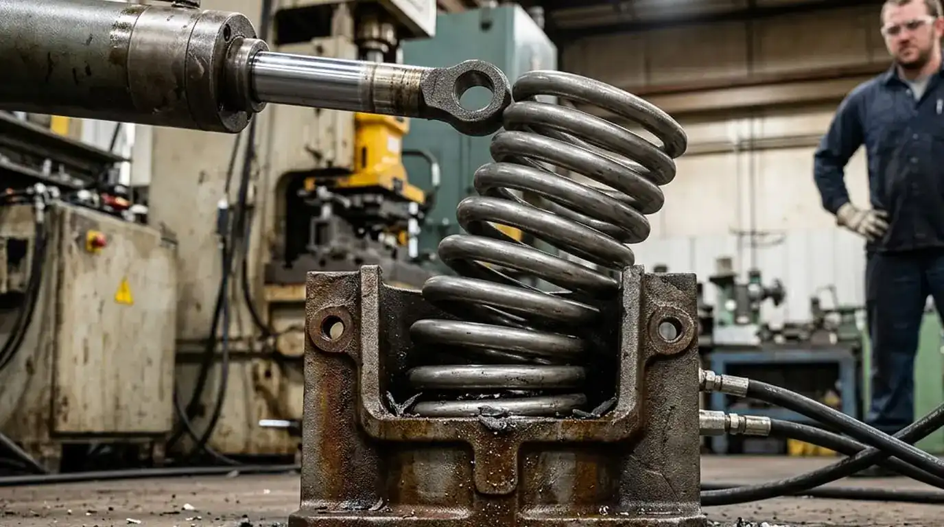 Incorrectly sized garage door spring under hydraulic stress showing what goes wrong when spring sizing is incorrect