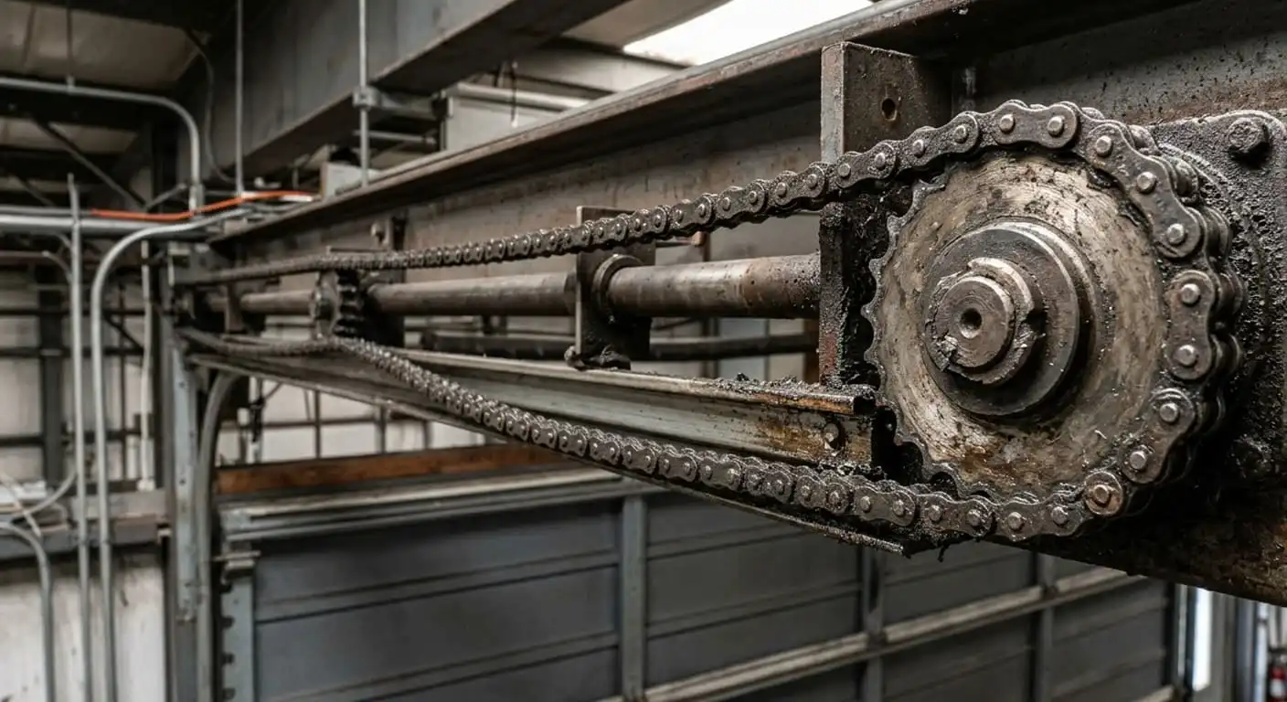 Heavy-duty trolley operator drive chain and gear wear on a warehouse garage door in Franklin Tennessee