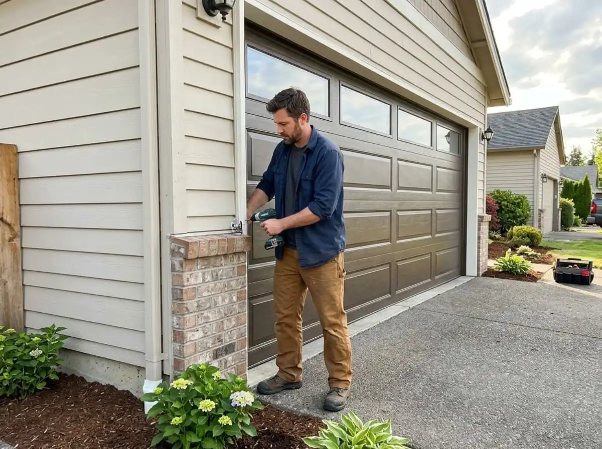 Home with new garage door improved curb appeal
