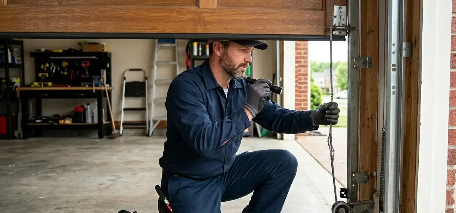 Inspecting garage door cables for fraying at a Franklin Tennessee home before they become a problem