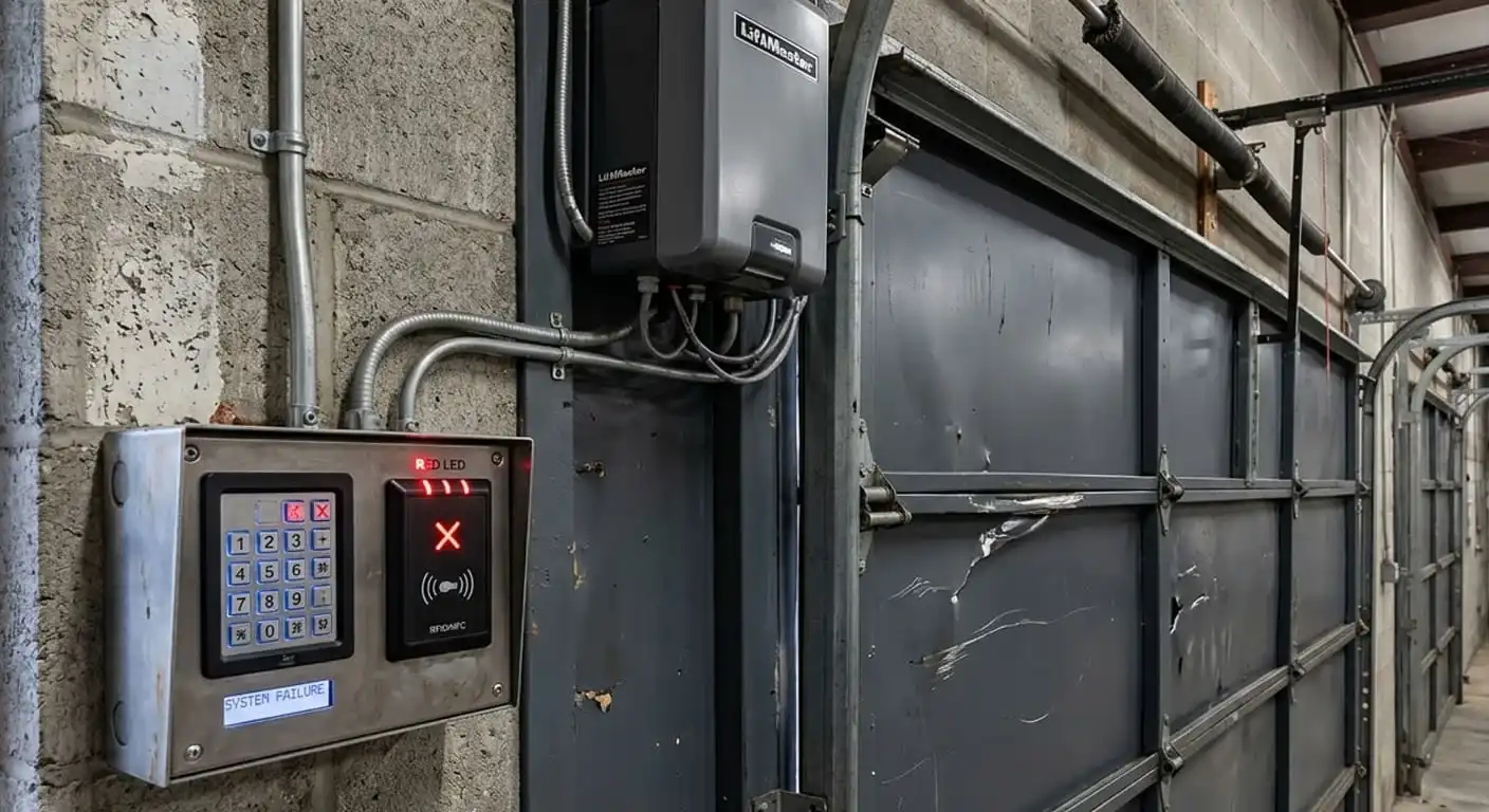 Keypad and key fob reader access control integration failure on a commercial garage door operator in Franklin TN