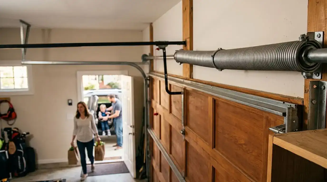 Garage door with a torsion spring system installed above the door, highlighting the lifespan and cycle rating of torsion vs extension springs.