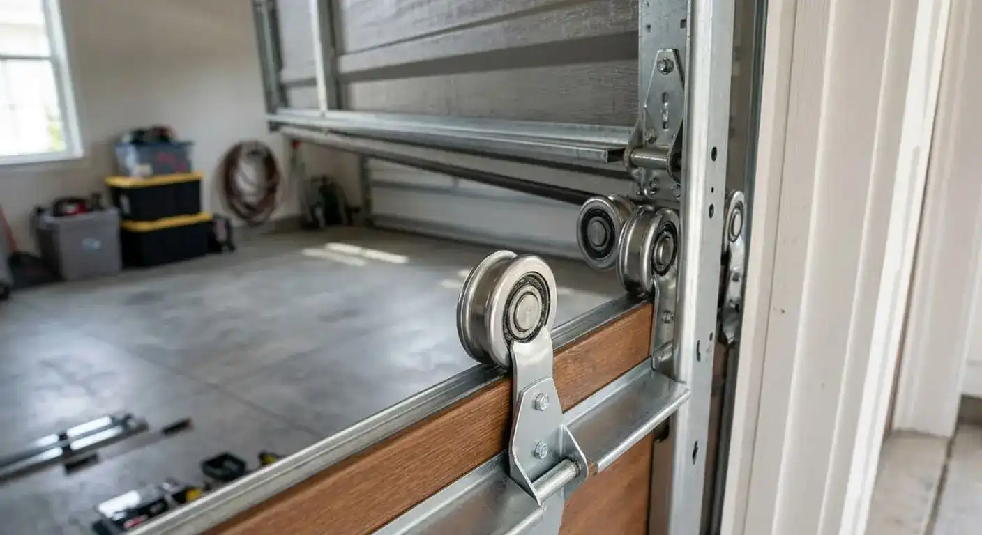New steel ball-bearing garage door rollers installed at a Franklin Tennessee home for heavy household use
