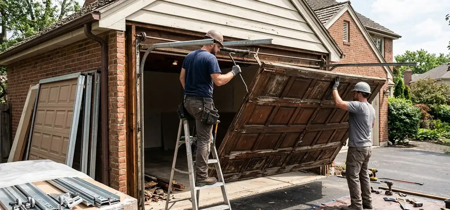Old garage door being removed for full replacement in a Franklin Tennessee driveway