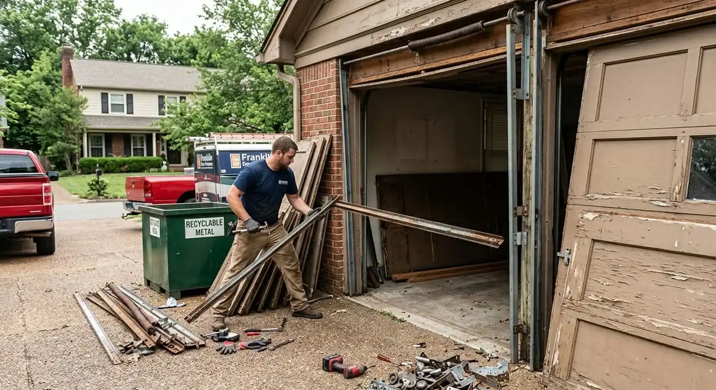 Old garage door panels, track, and hardware being removed at a Franklin, TN home
