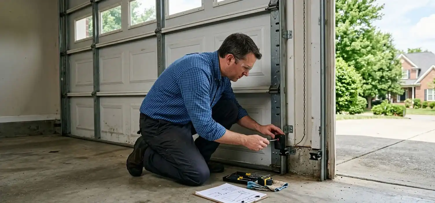 Photo-eye safety sensor slightly out of alignment on a Franklin Tennessee residential garage door preventing proper closing
