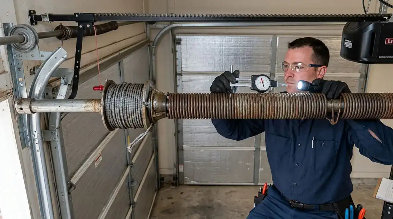 Professional technician inspecting a garage door torsion spring with precision tools to assess spring condition and ensure safe operation.