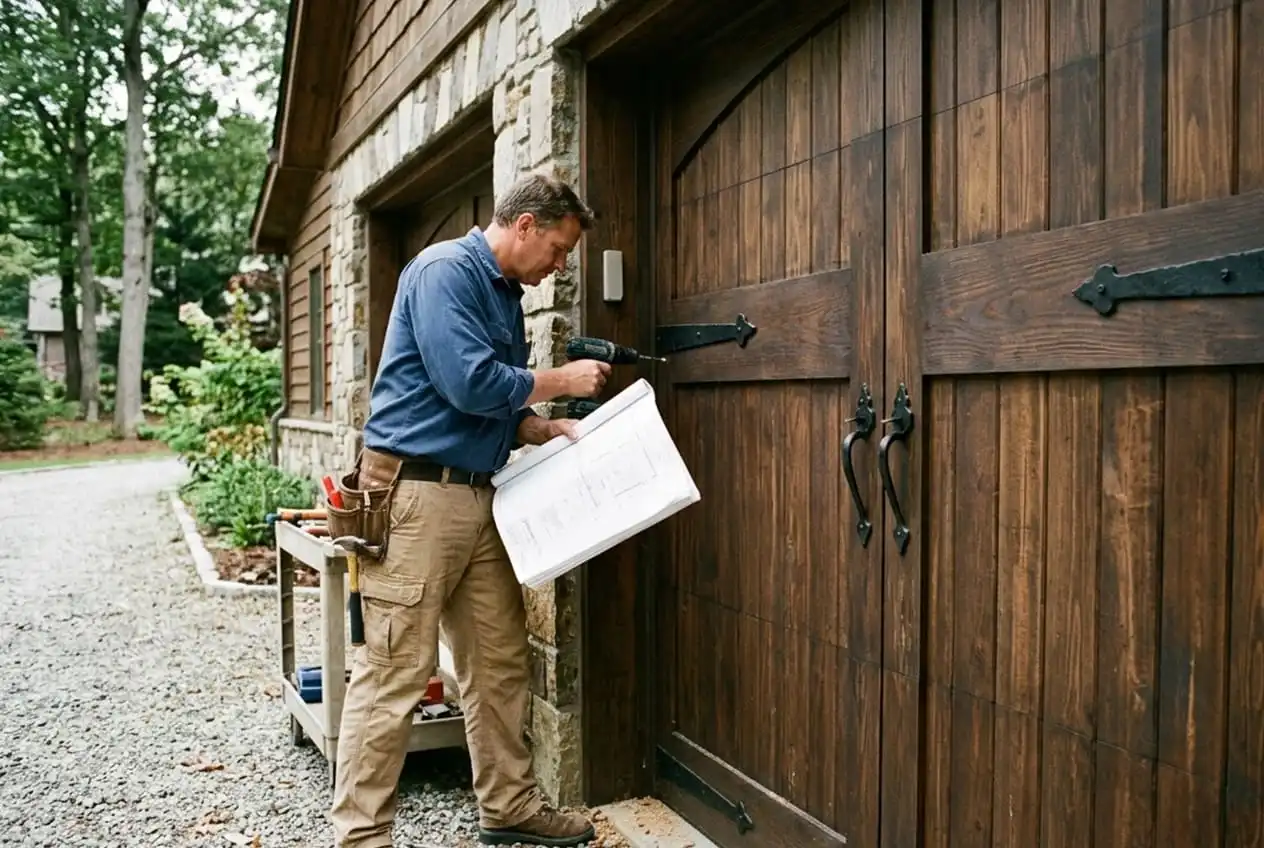 Carriage house garage door with decorative strap hinges