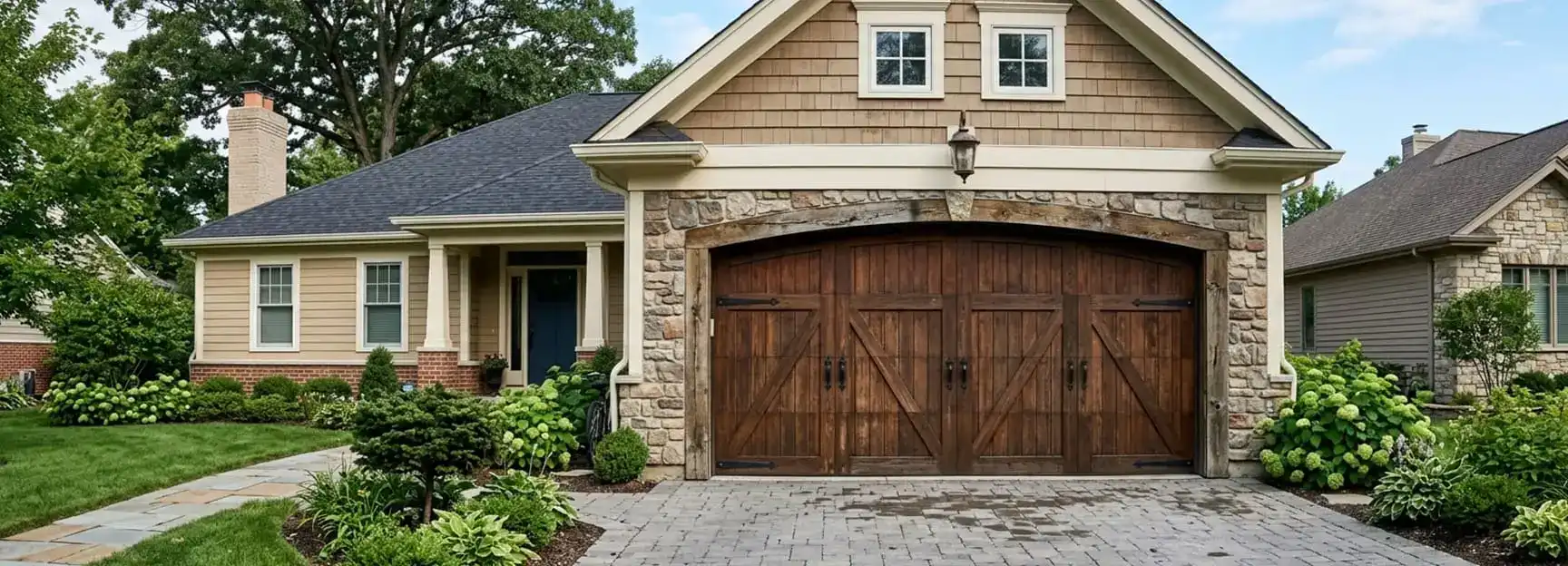 Real wood garage door on a traditional American home