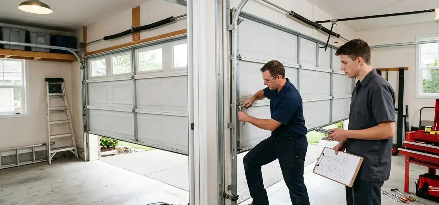 Residential garage door repair technician working on a home garage in Franklin Tennessee