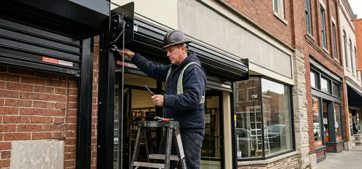 Roll-up security door for a retail storefront in Franklin Tennessee meeting fire-rated commercial code requirements