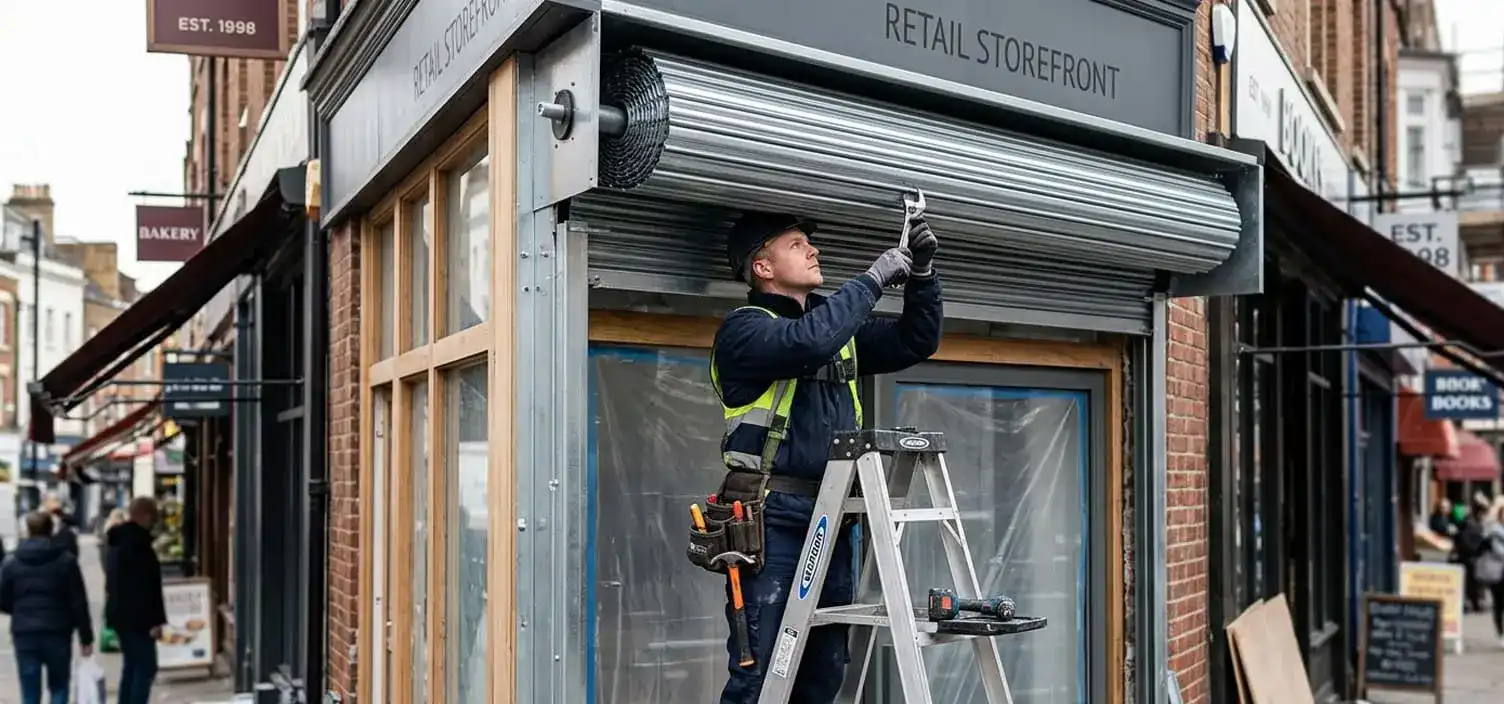 Rolling steel security door coiled above a retail storefront opening in Franklin Tennessee with minimal headroom requirement