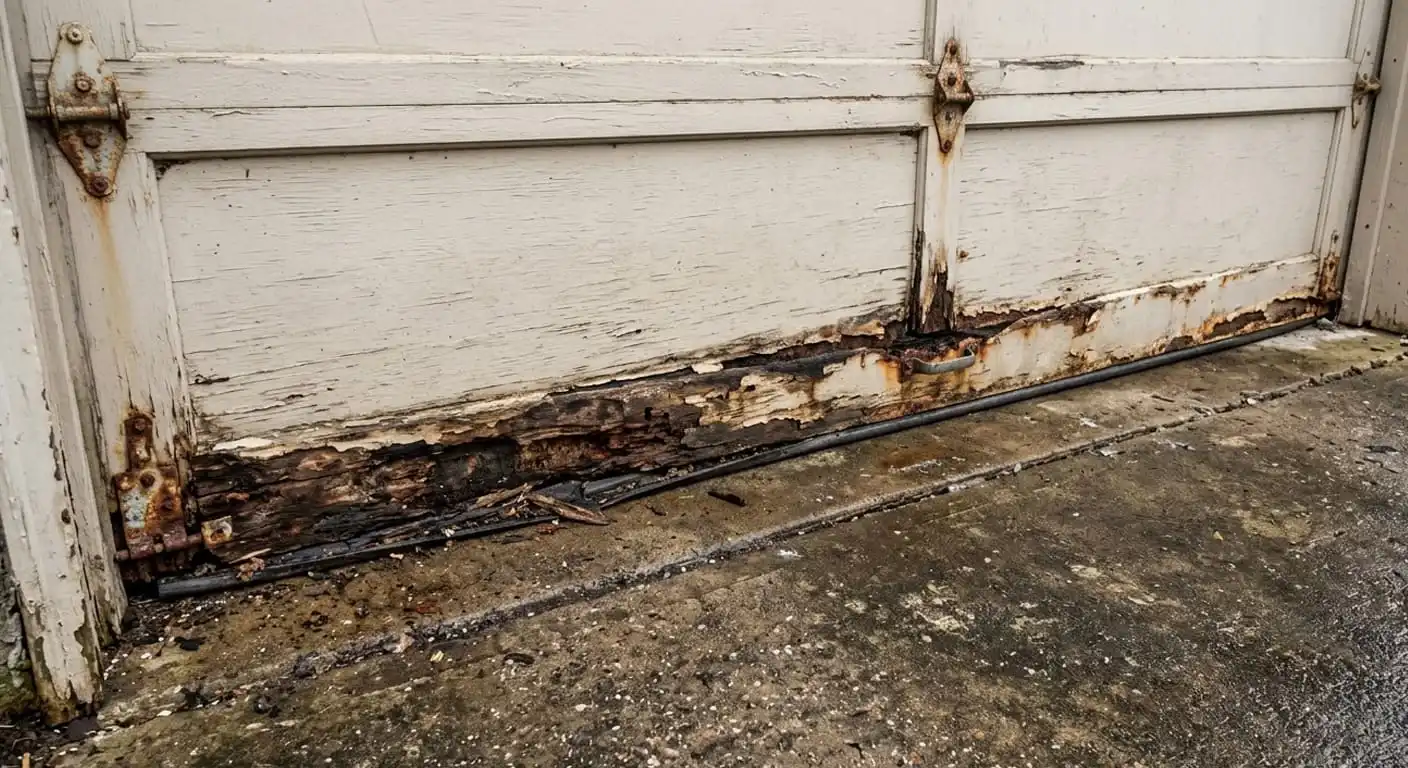 Rust and rot damage at the bottom panel of a Franklin Tennessee garage door caused by ground moisture and de-icing salt