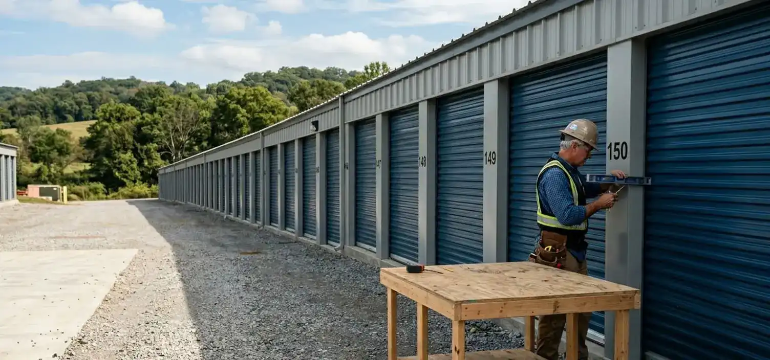 Self storage facility roll-up sheet doors installed across multiple units at a Williamson County Tennessee property