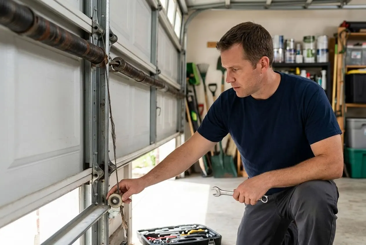 Technician inspecting worn garage door cable and roller — common signs your garage door needs repair in Murfreesboro TN