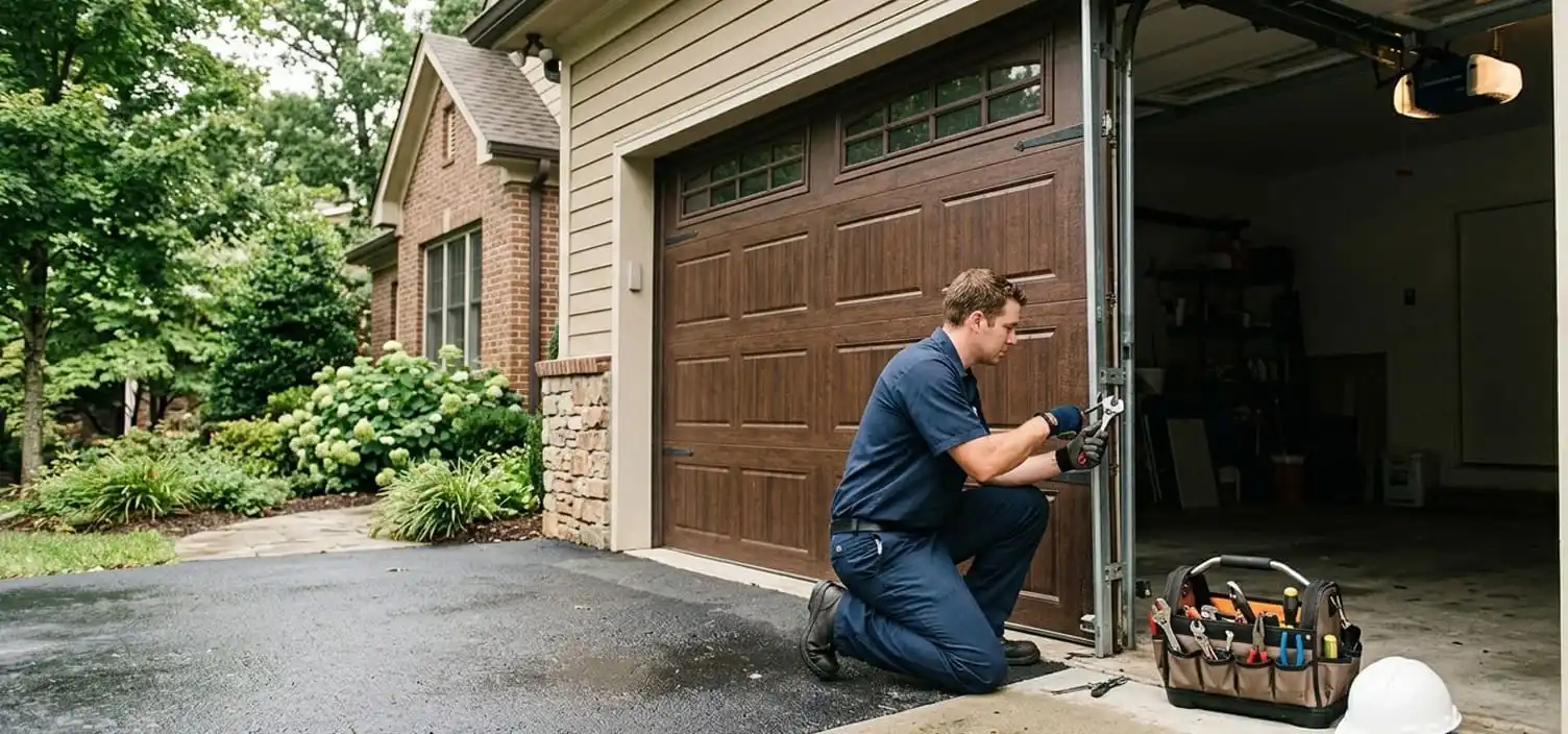 Single-car residential garage door at a Franklin Tennessee home being inspected and repaired by a licensed technician