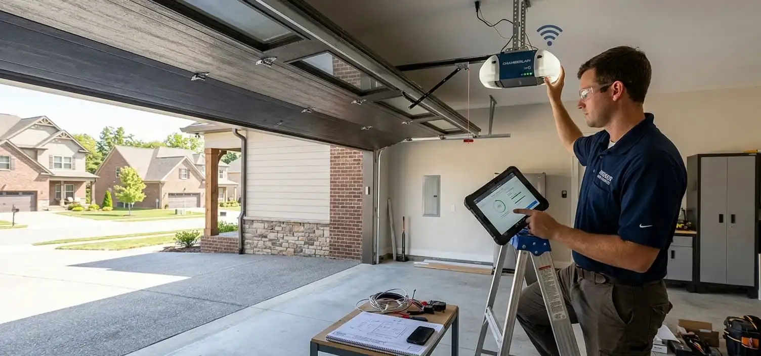 Smart WiFi connected garage door opener at a newer Franklin Tennessee home being calibrated during maintenance