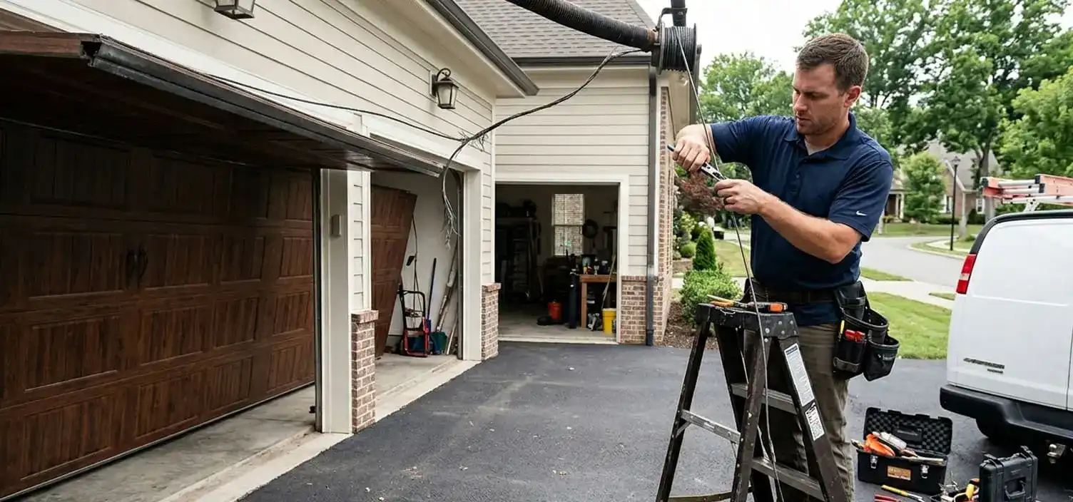 Snapped garage door lift cable emergency repair at a Franklin Tennessee home