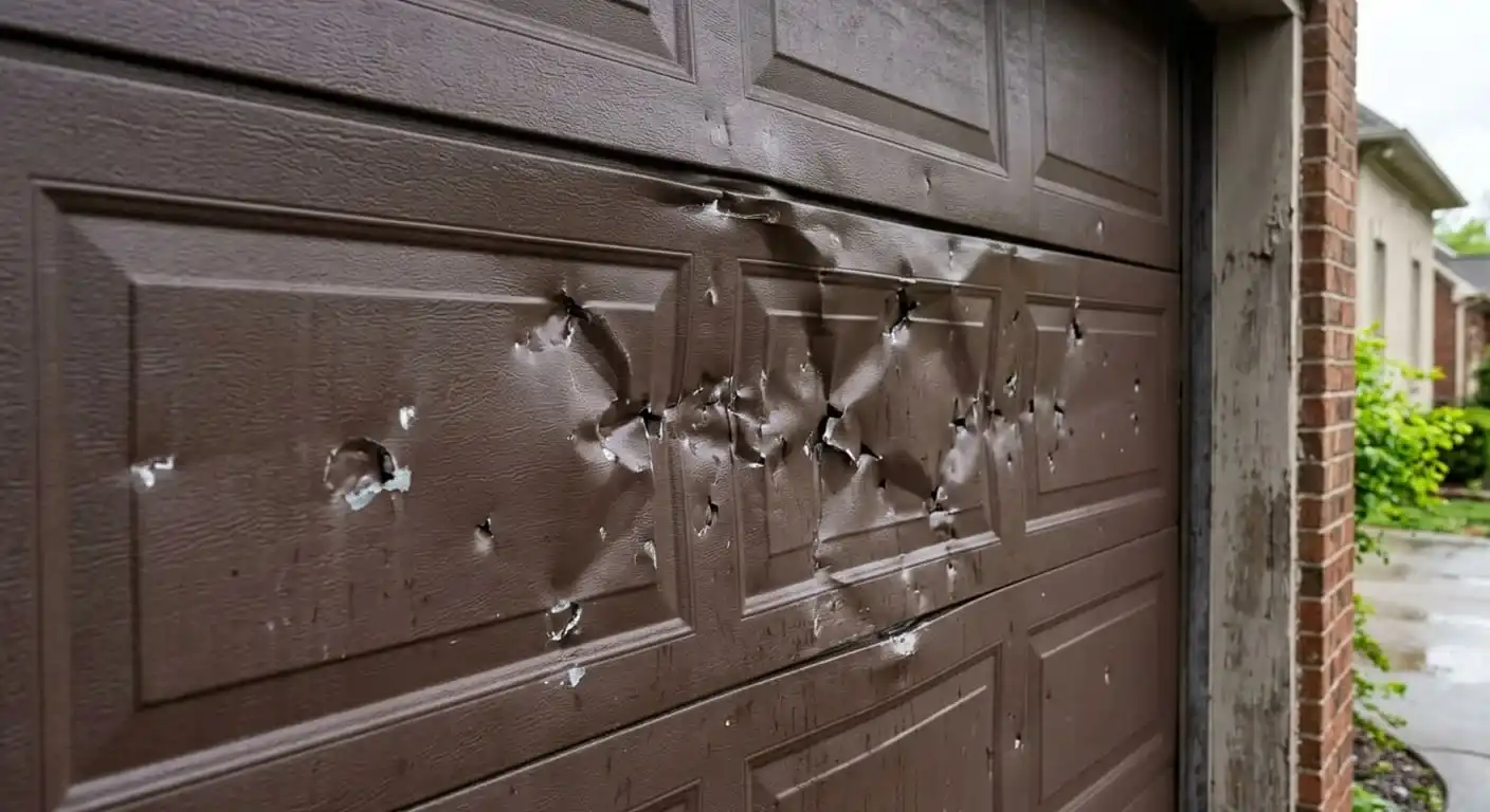 Storm and hail damaged garage door panel section in Franklin TN typical of Middle Tennessee spring weather