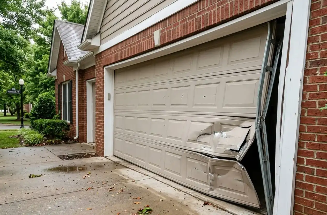 Storm-damaged garage door panel and bent frame on a Franklin, Tennessee home