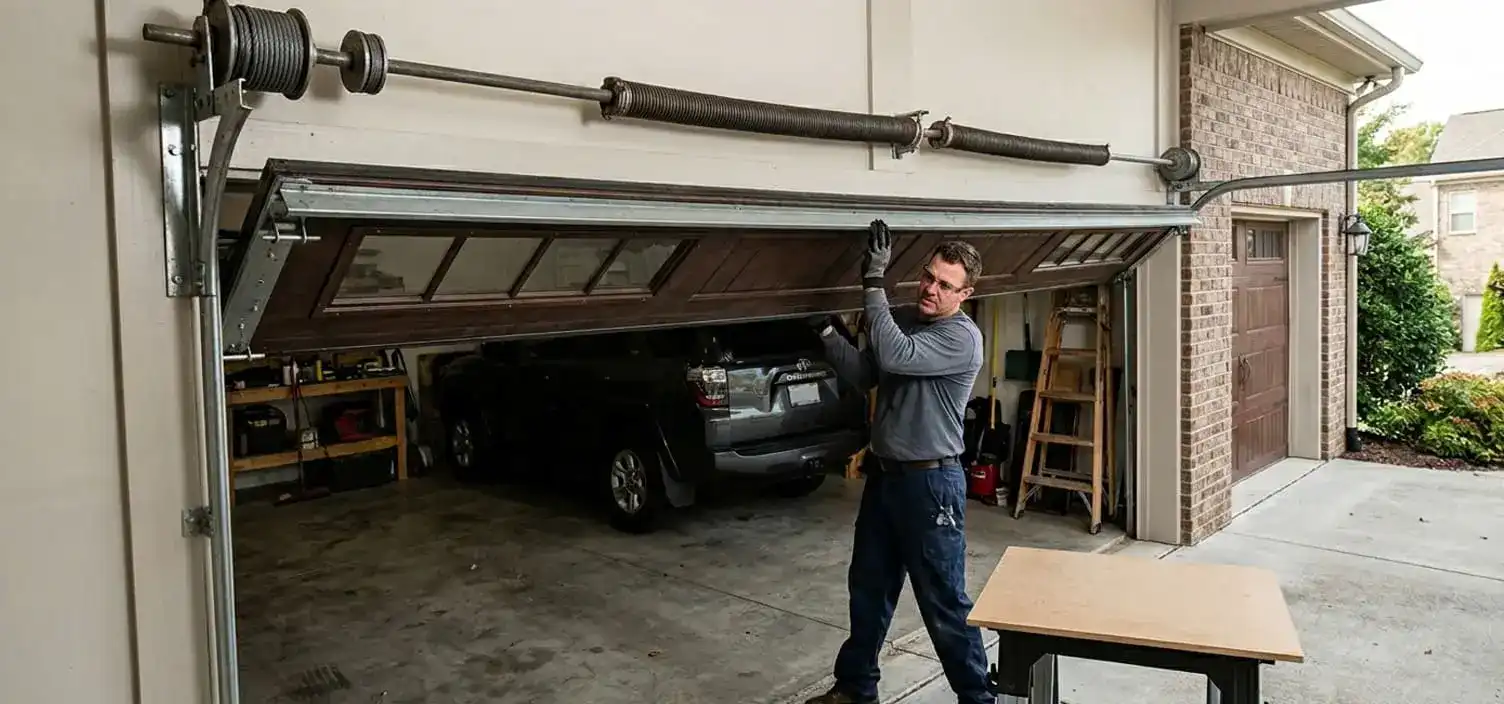 Testing a heavy garage door manually at a Franklin Tennessee home as a sign of a weakening spring