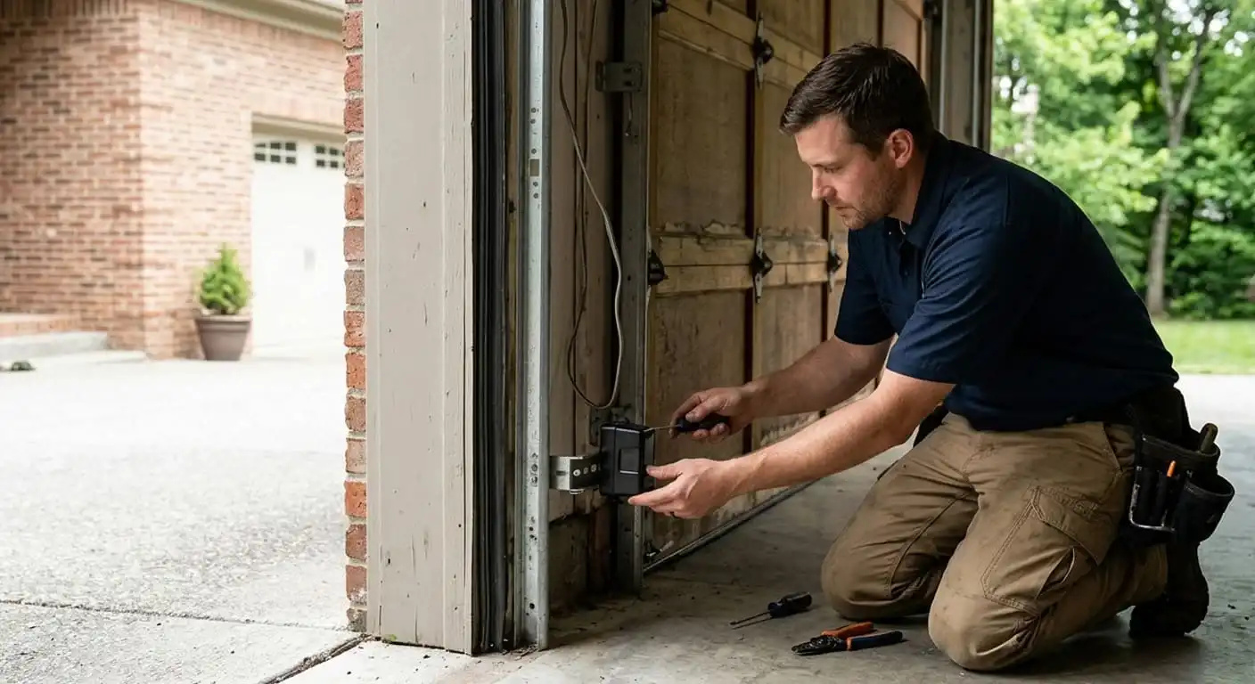 Testing garage door auto-reverse safety feature and realigning photo-eye sensors at a Franklin Tennessee home