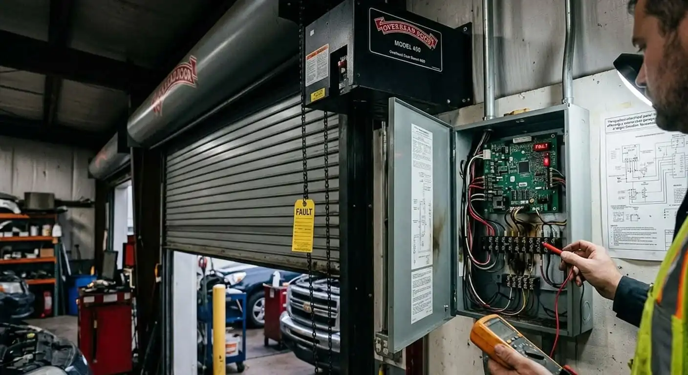Three-phase electrical panel fault affecting a commercial garage door operator in a larger Franklin Tennessee building